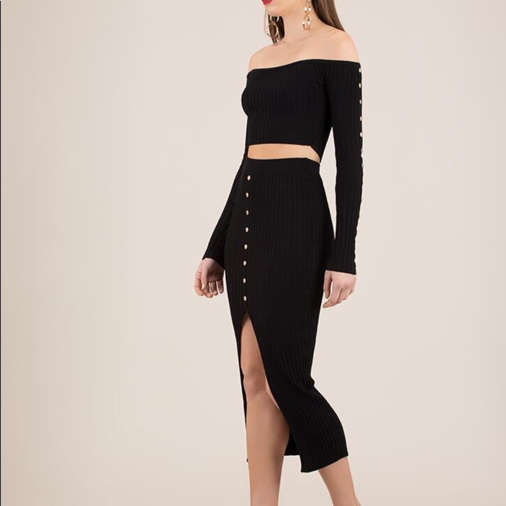Black ribbed button down skirt and matching top